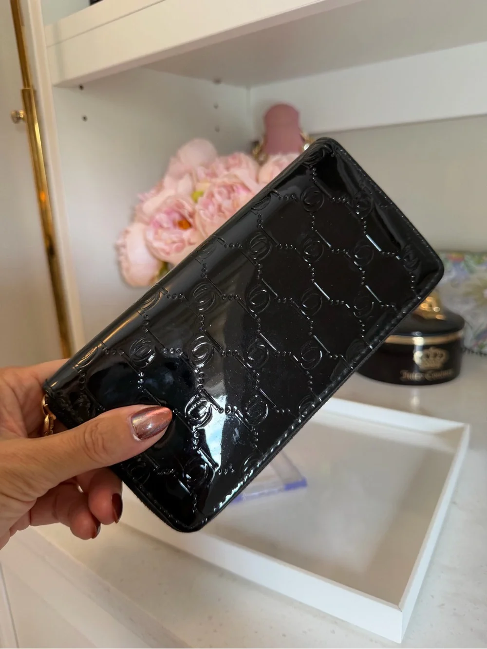 Bebe Black Patent Zip-Around Wallet with Gold Logo Plate NEW Gorgeous